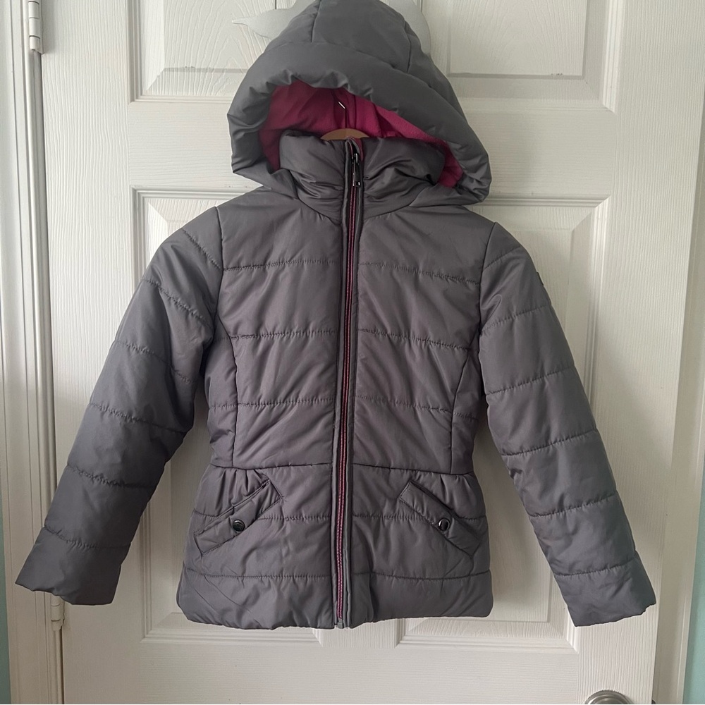 Hawke & Co Kids Gray and Pink Hooded Puffer Jacket size 7-8 with matching beanie